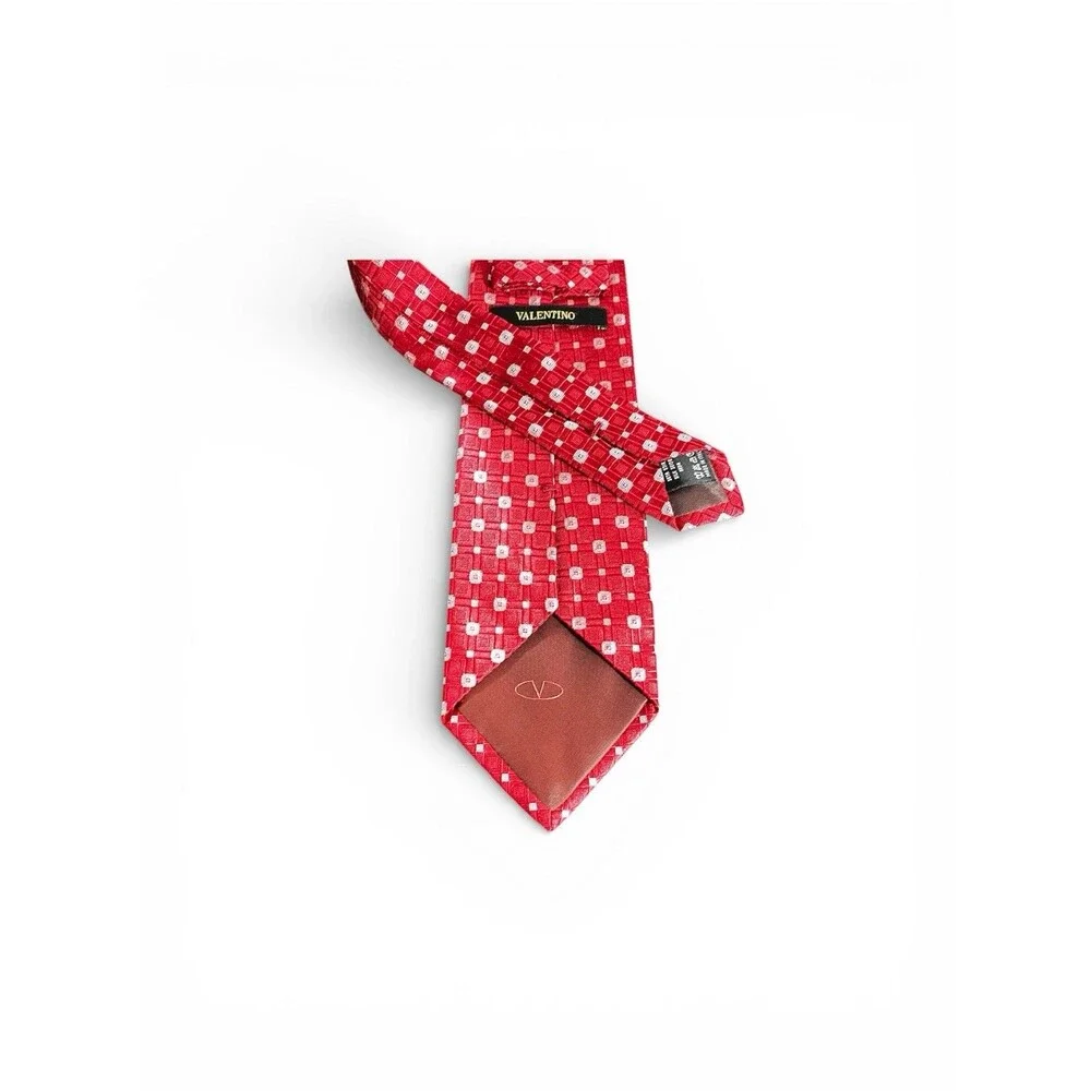 Valentino 100% Silk Tie Red White Geometric Square Grid Italy Classic Luxury - Picture 4 of 5